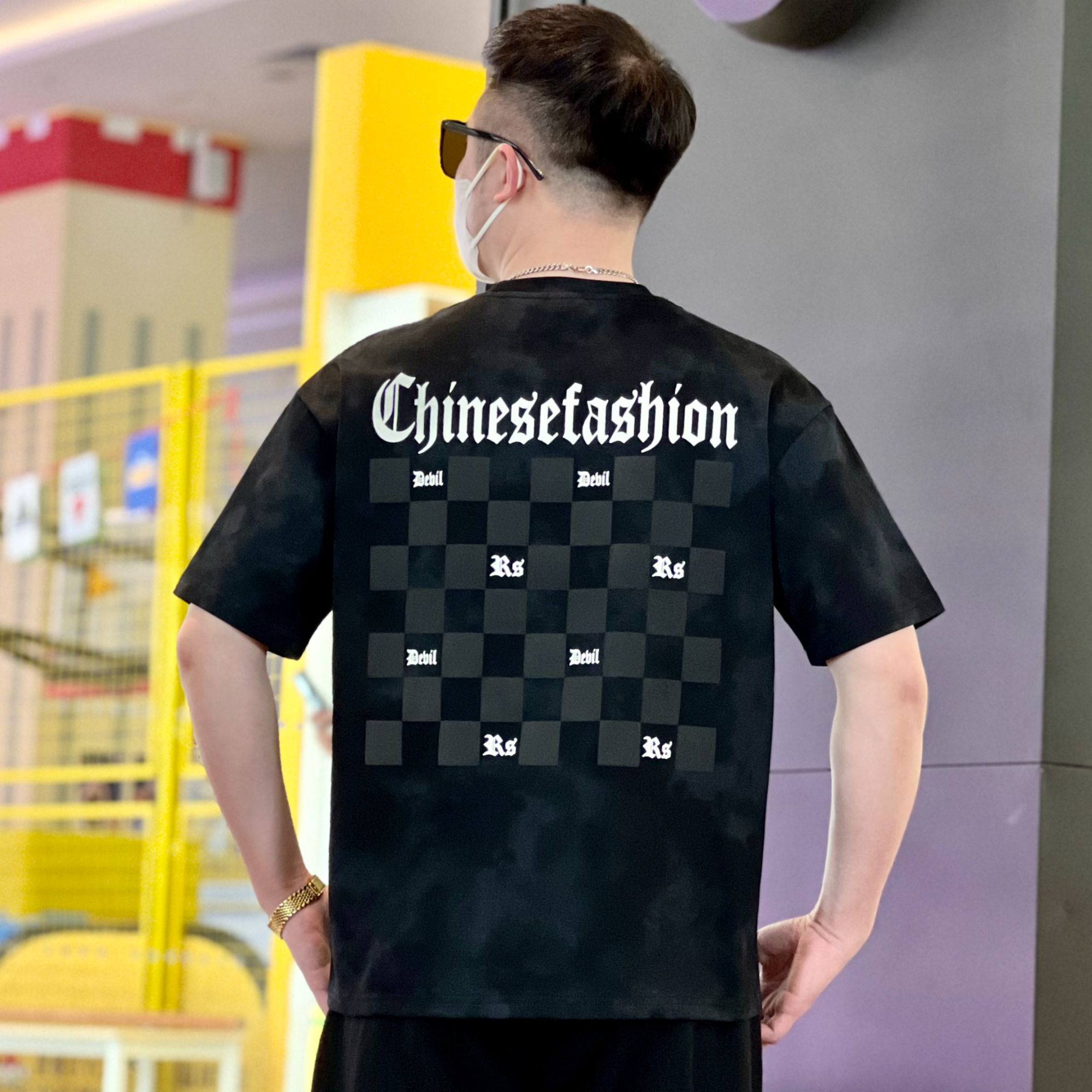 夏季新款洗水扎染植绒棋盘格短袖宽松高街Ins美式百搭上衣男潮牌