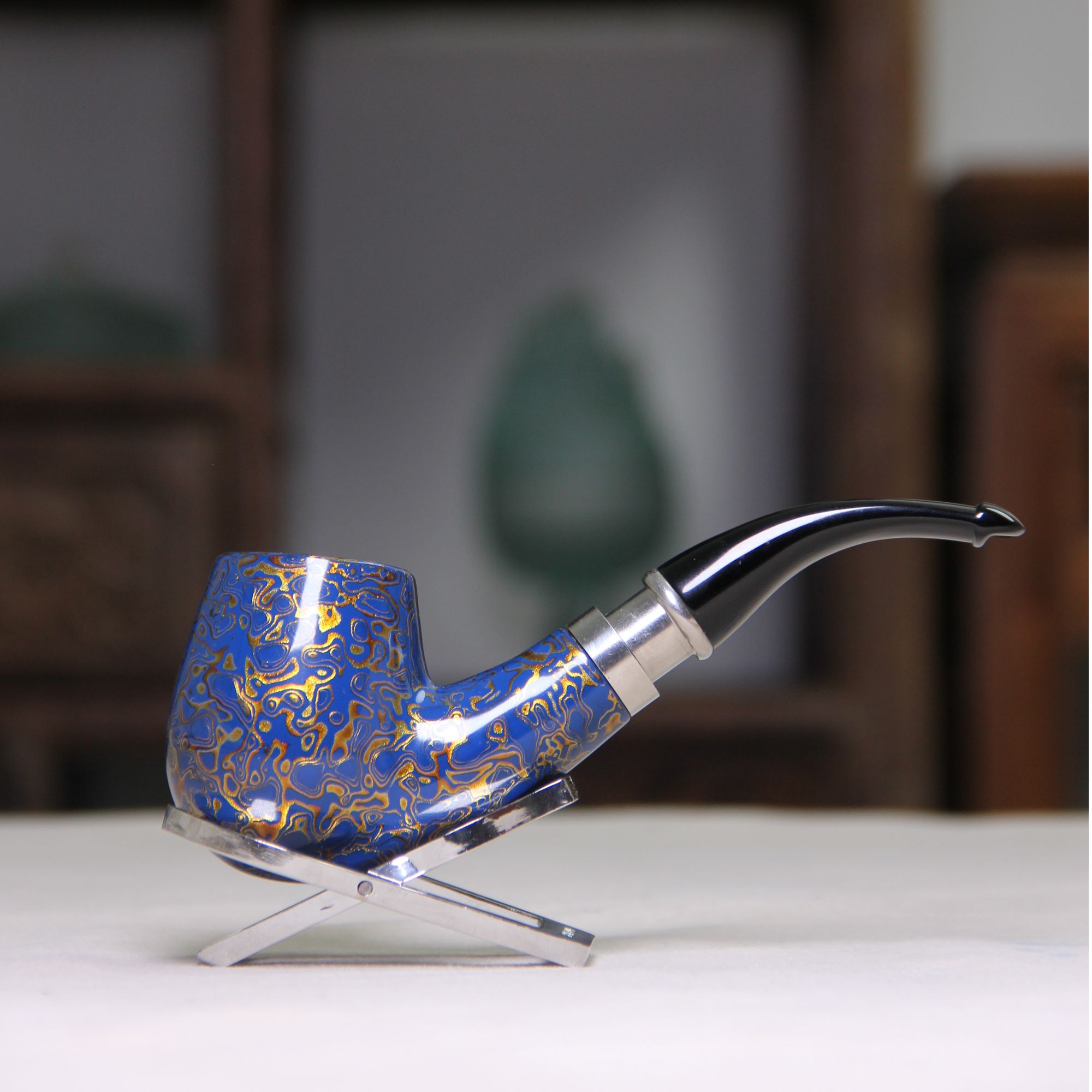 蓝金[大漆工艺]石楠木烟斗带金属饰圈3mm烟道（细节见直播间/后台）