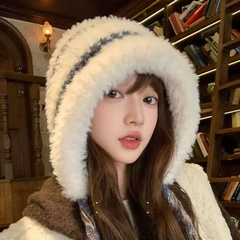 蛋挞升级款加绒显脸小彩色条纹针织帽女秋冬护耳防风保暖套头帽