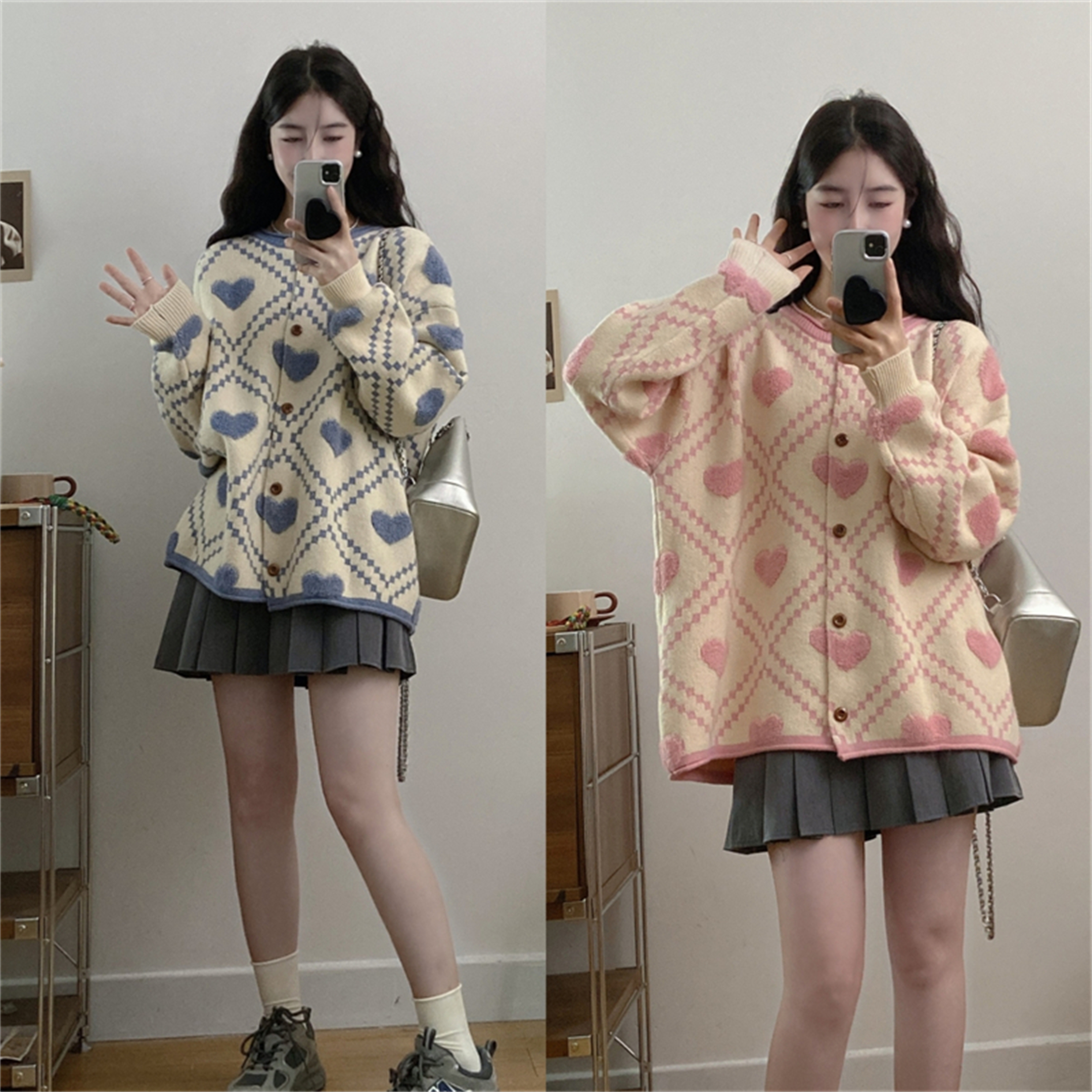 大码女装2025新款秋冬胖mm甜美爱心植绒软糯加厚宽松开衫毛衣外套