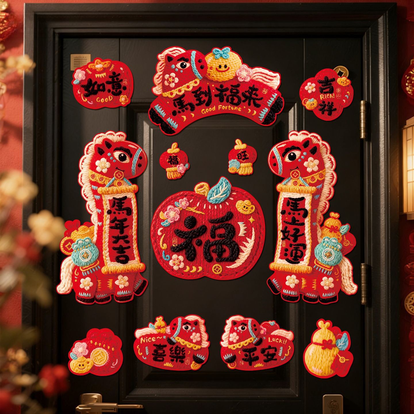 马年春联批货2026针织质感磁吸对联新年门联福字门贴春节装饰用品