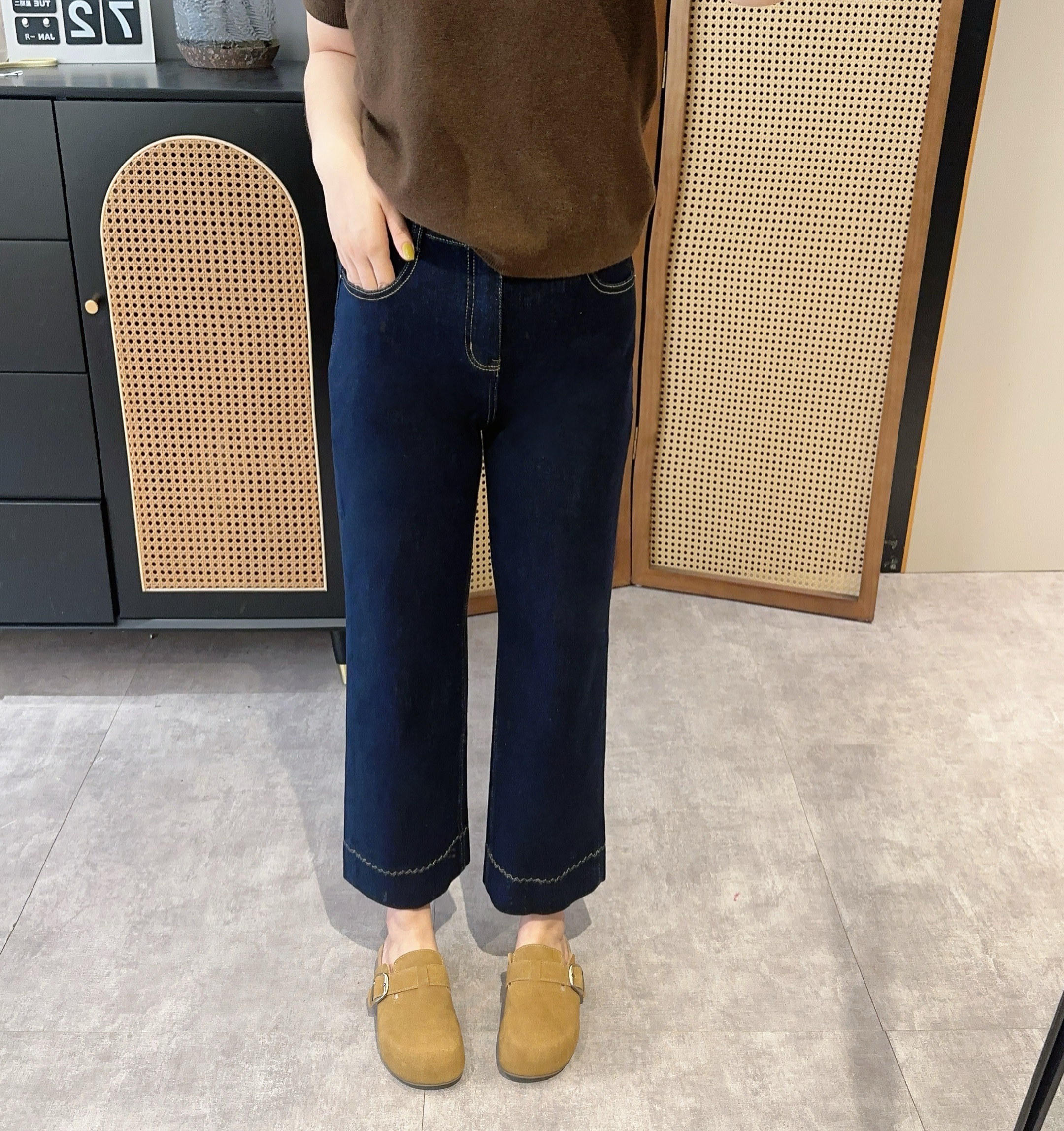 【欧加粒粒】新款小个子定制下摆波浪九分直筒四面弹牛仔裤 N808/3