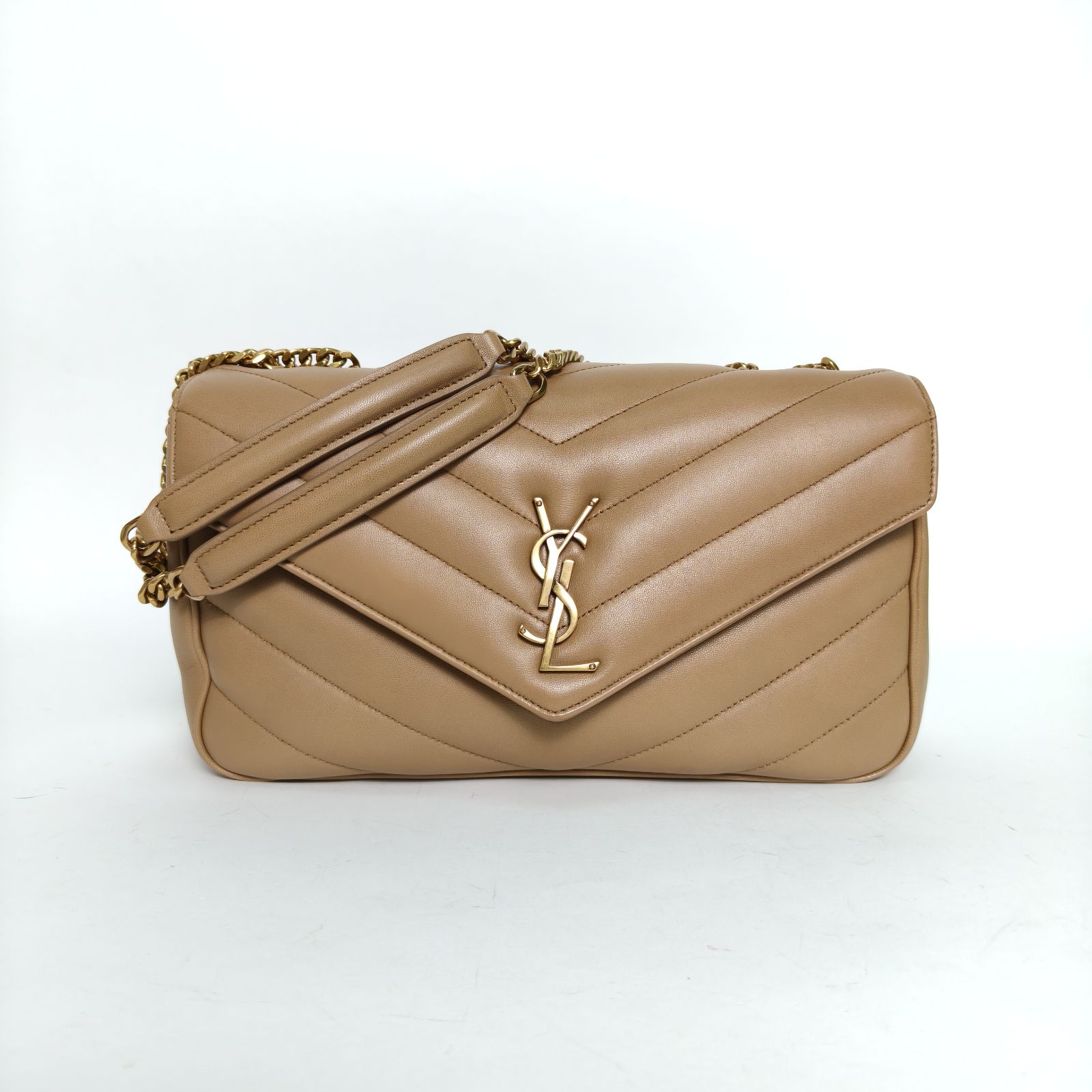 99新 YSL/圣罗兰 【娇】浅咖色皮革S金扣新款横板 927080