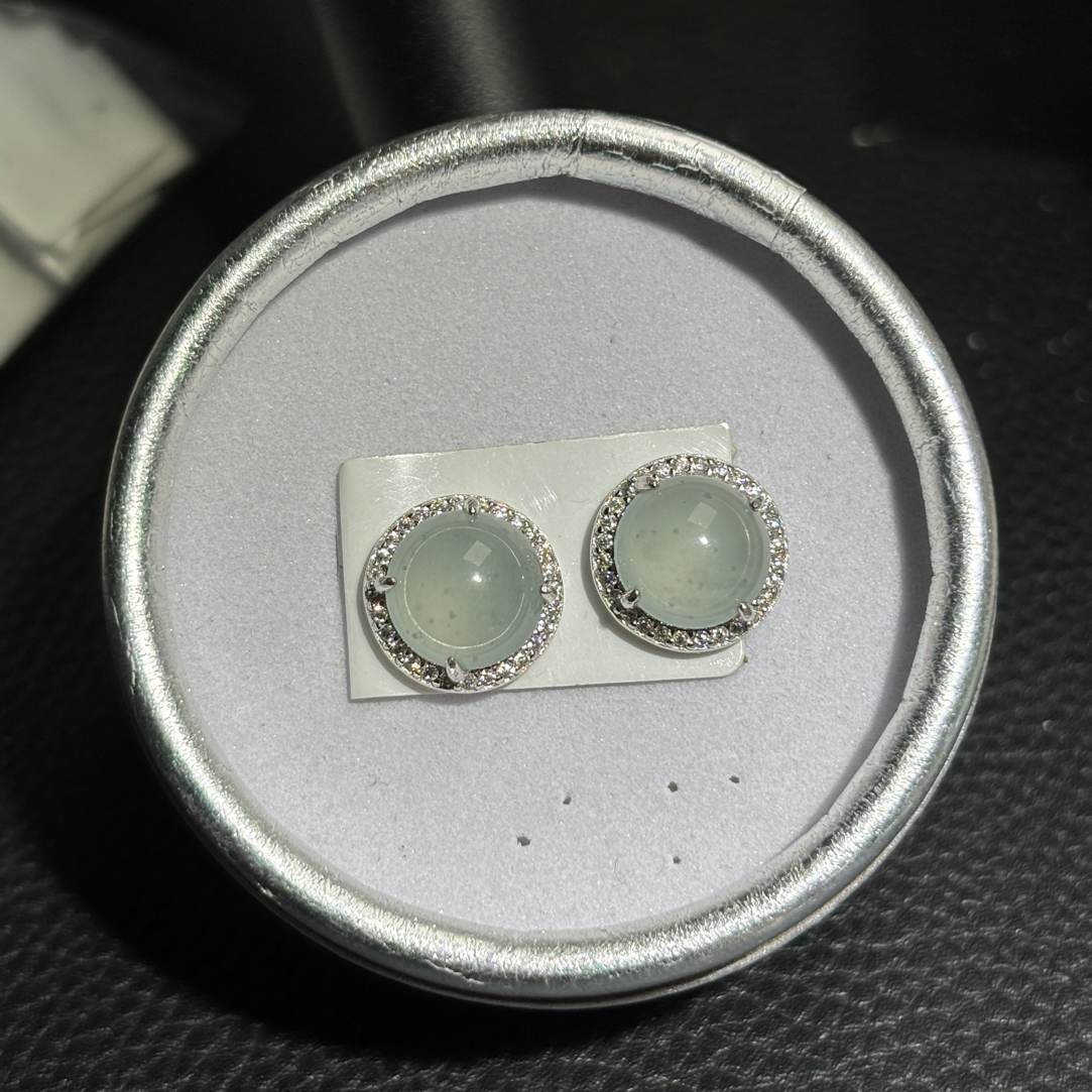 天然A货翡翠S925银镶嵌冰透款耳钉9.1mm尺寸