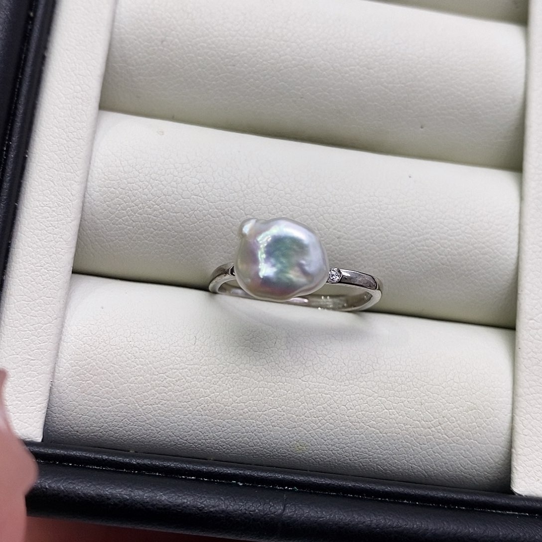淡水珍珠戒指银S925镶嵌极光炫彩keshi戒指