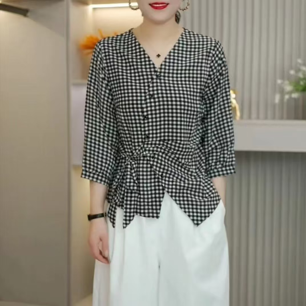 2025秋季新品七分袖经典格子印花时尚洋气百搭宽松显瘦飘带上衣女