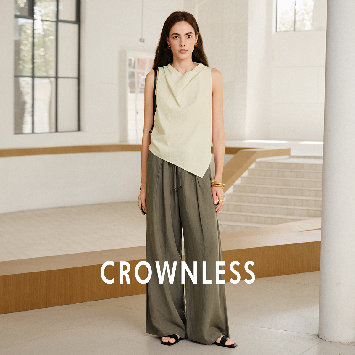 CROWNLESS未冕凉感天丝亚麻25夏松弛中式红玛瑙抽绳橡筋腰直筒裤