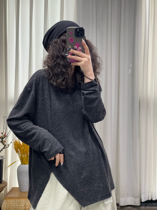 【若汐女装】欧韩版宽松大版休闲百搭下摆开叉设计款打底T恤1378