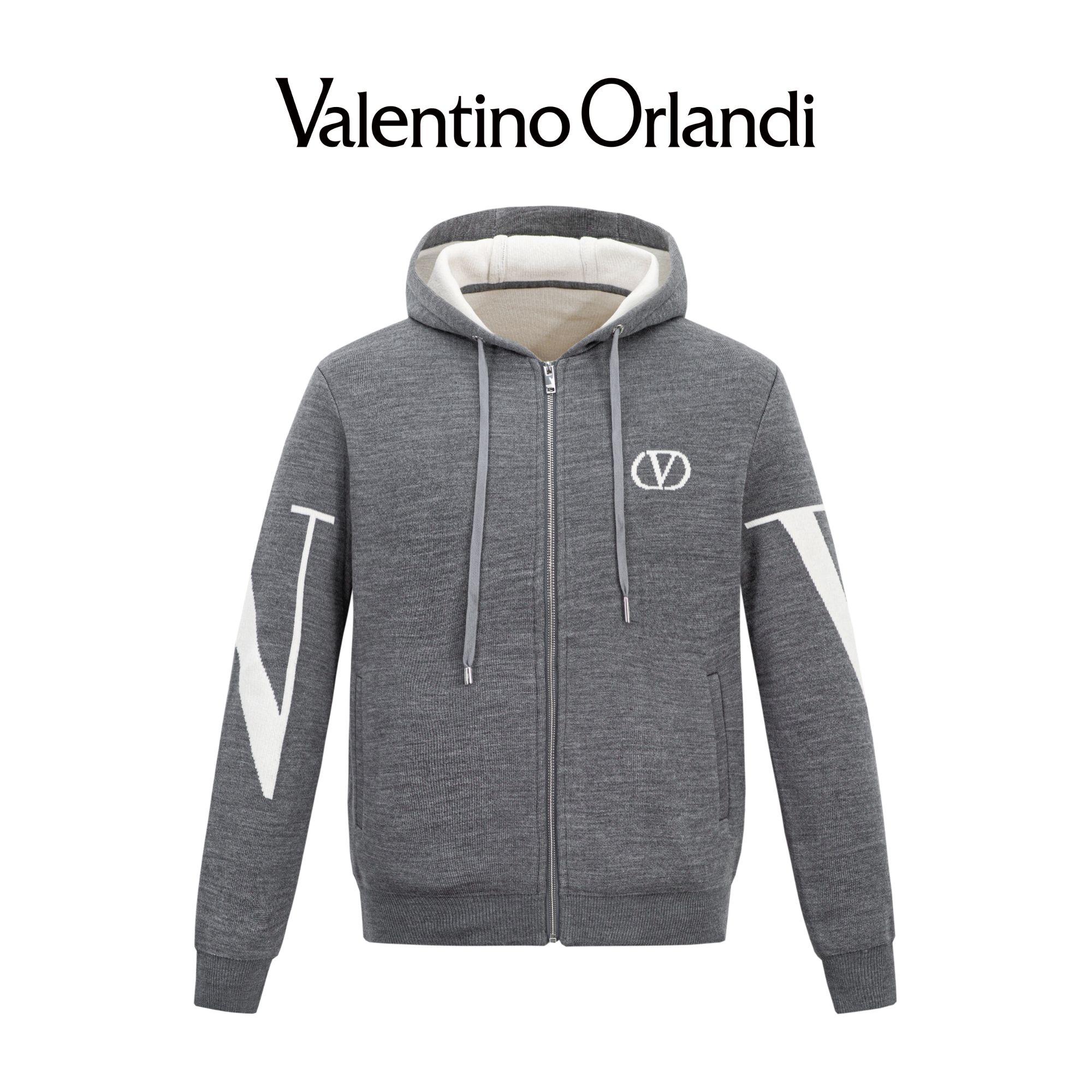 Valentino orlandi男士秋冬B版时尚白搭撞色logo连帽加厚针织外套
