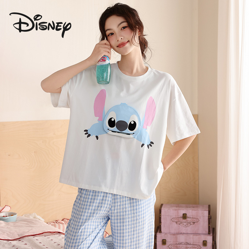 Disney/迪士尼史迪仔爆款夏季睡衣短袖女纯棉格子裤可外穿居家服