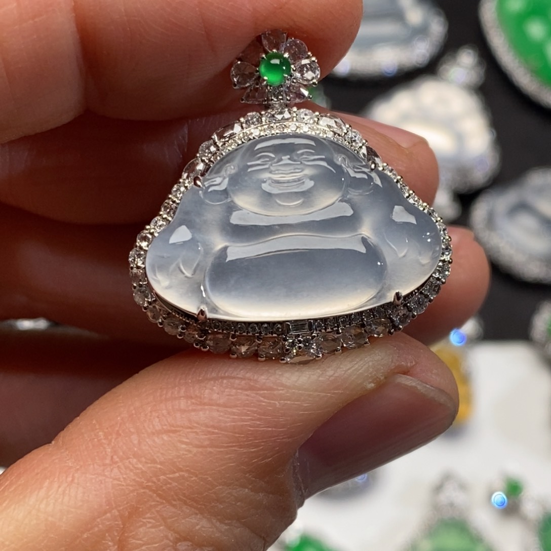 翡翠吊坠(不含链)18K金镶嵌佛公