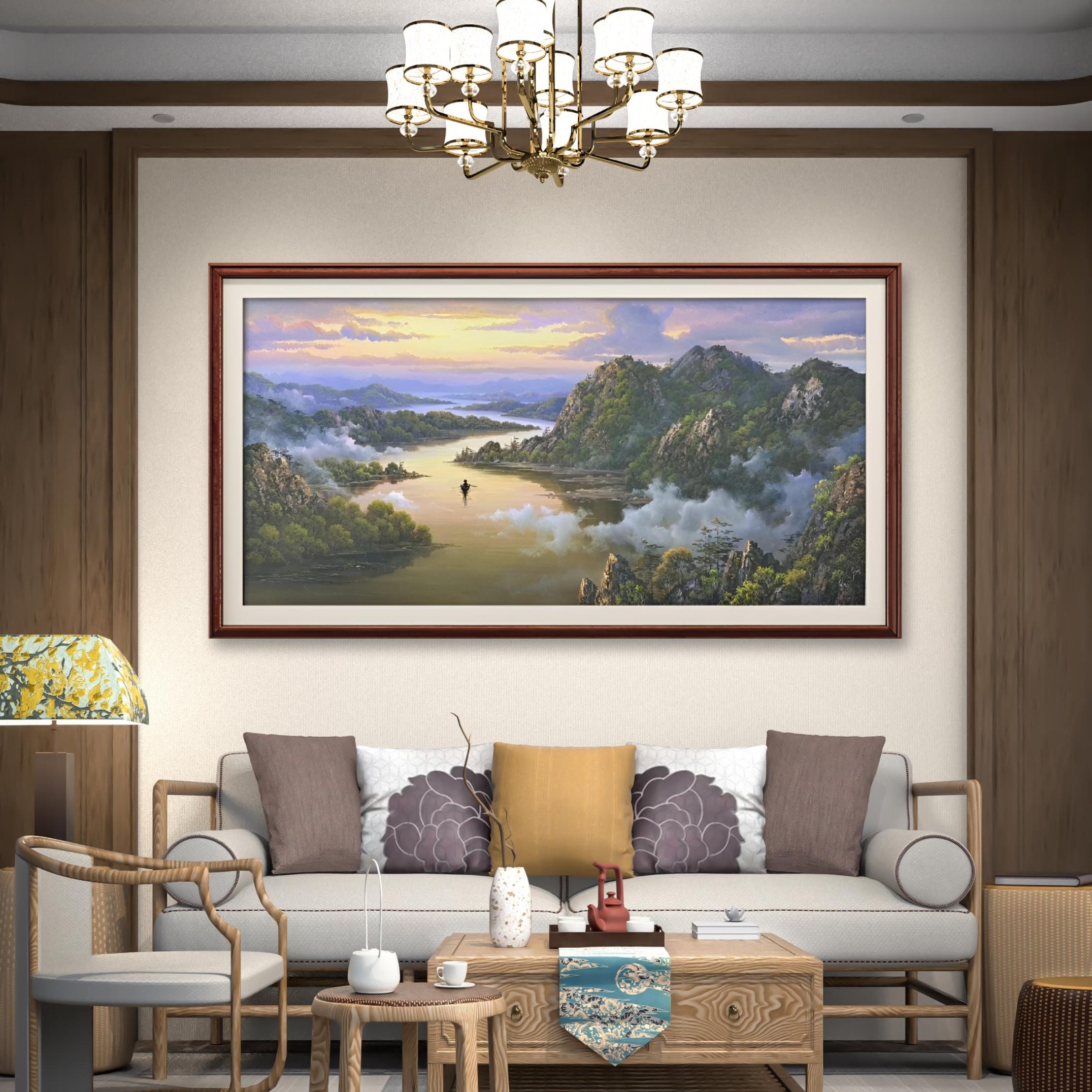 山水画《轻舟已过万重山》客办公室茶室沙发装饰画背景墙挂画油画