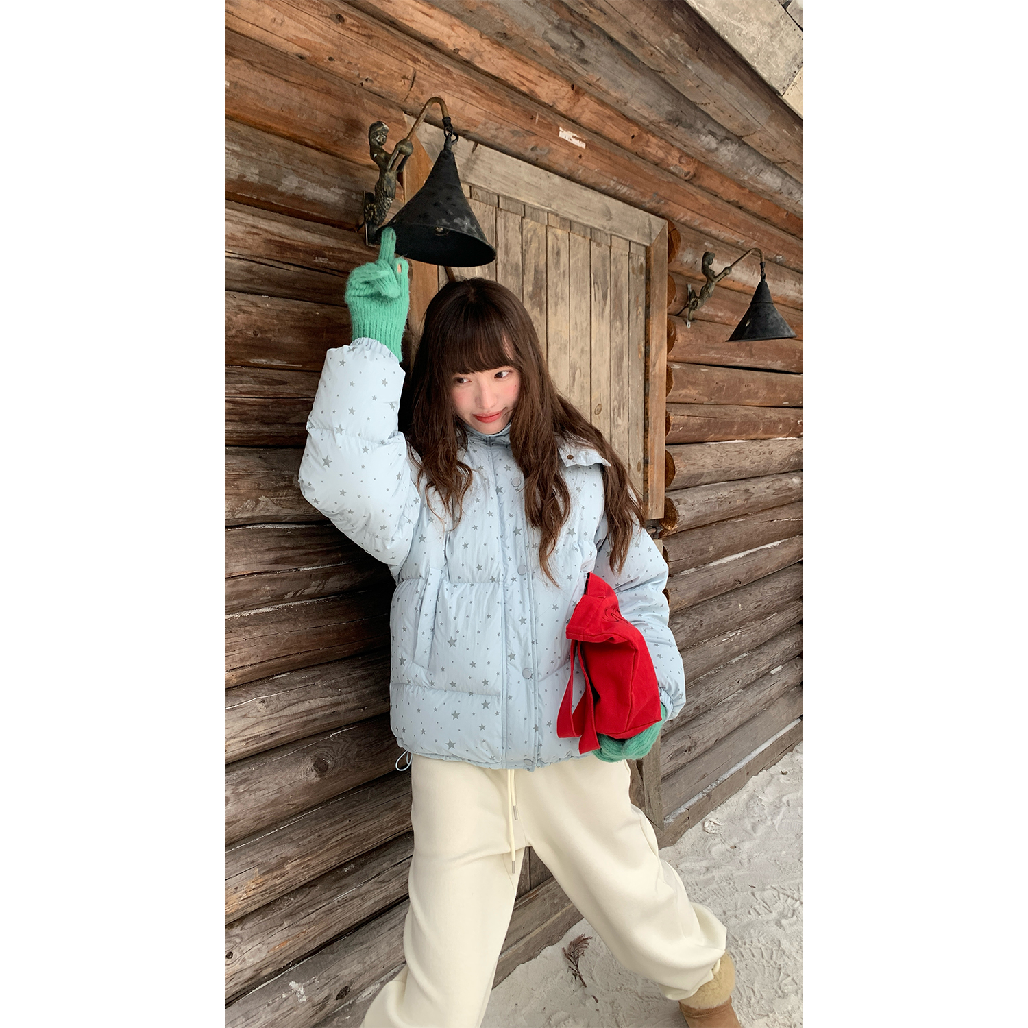 RAINY 美萌90白鸭绒星星羽绒服冬季女保暖轻盈宽松立领可拆帽外套