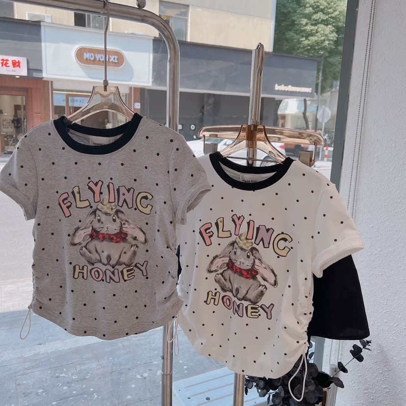 【清货】2025夏韩版波点兔兔抽褶短袖T恤(100%棉) D388 388 309 M