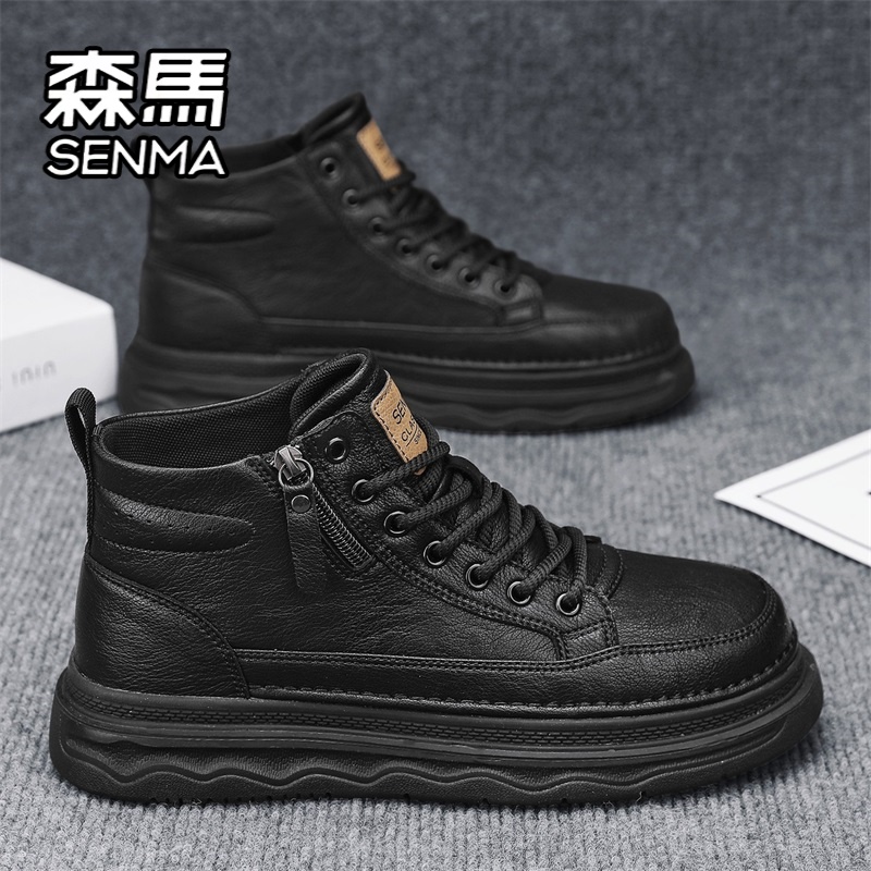 森马高帮鞋男冬季英伦百搭休闲皮鞋男士侧拉链运动黑色工装马丁靴