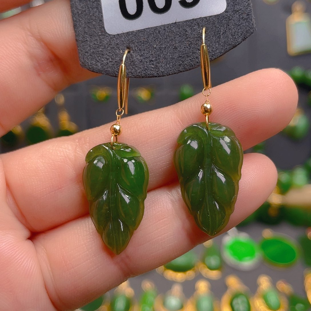 和田玉18K金镶嵌耳饰009