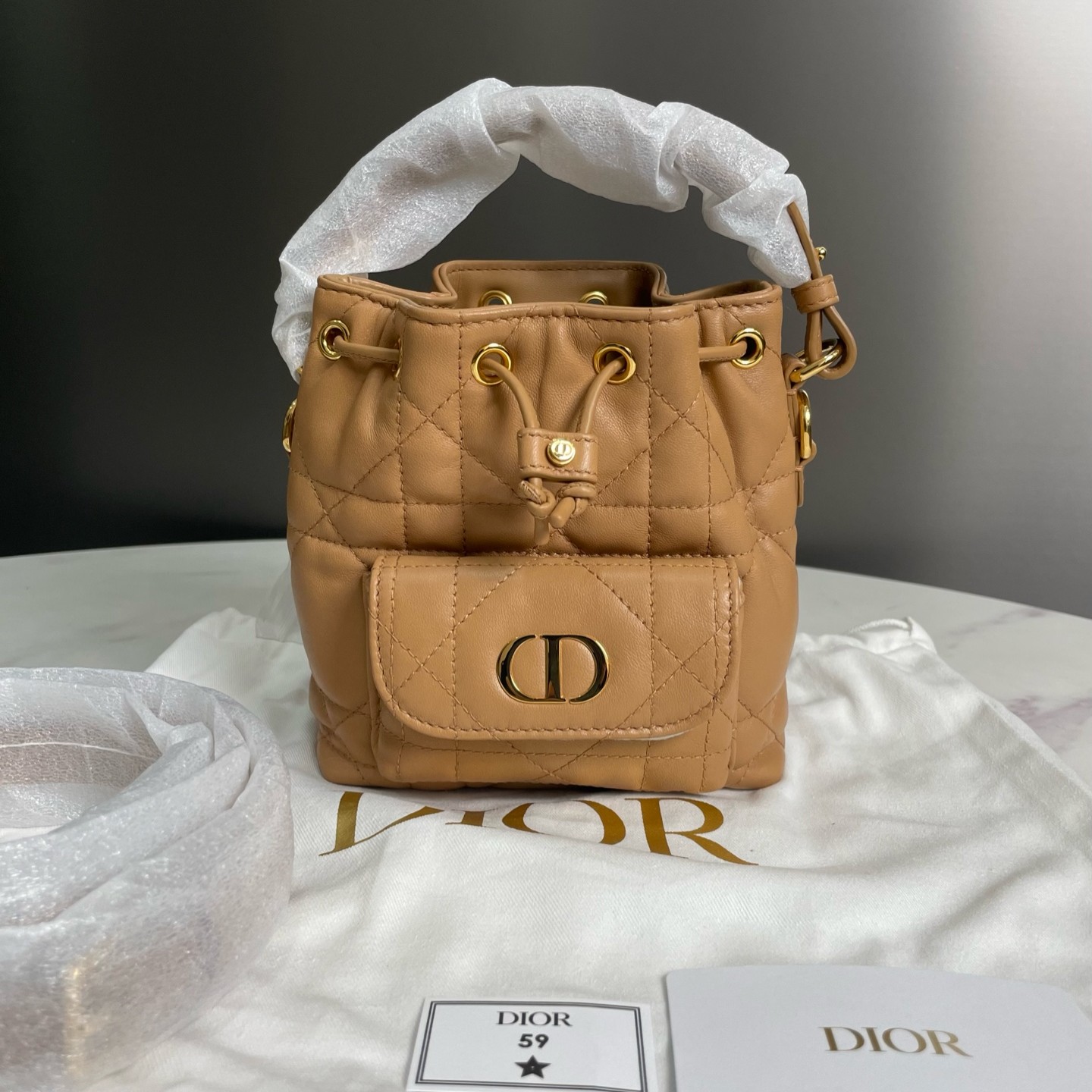 未使用 DIOR/迪奥 迷你驼色水桶包单肩斜挎手提包15935992