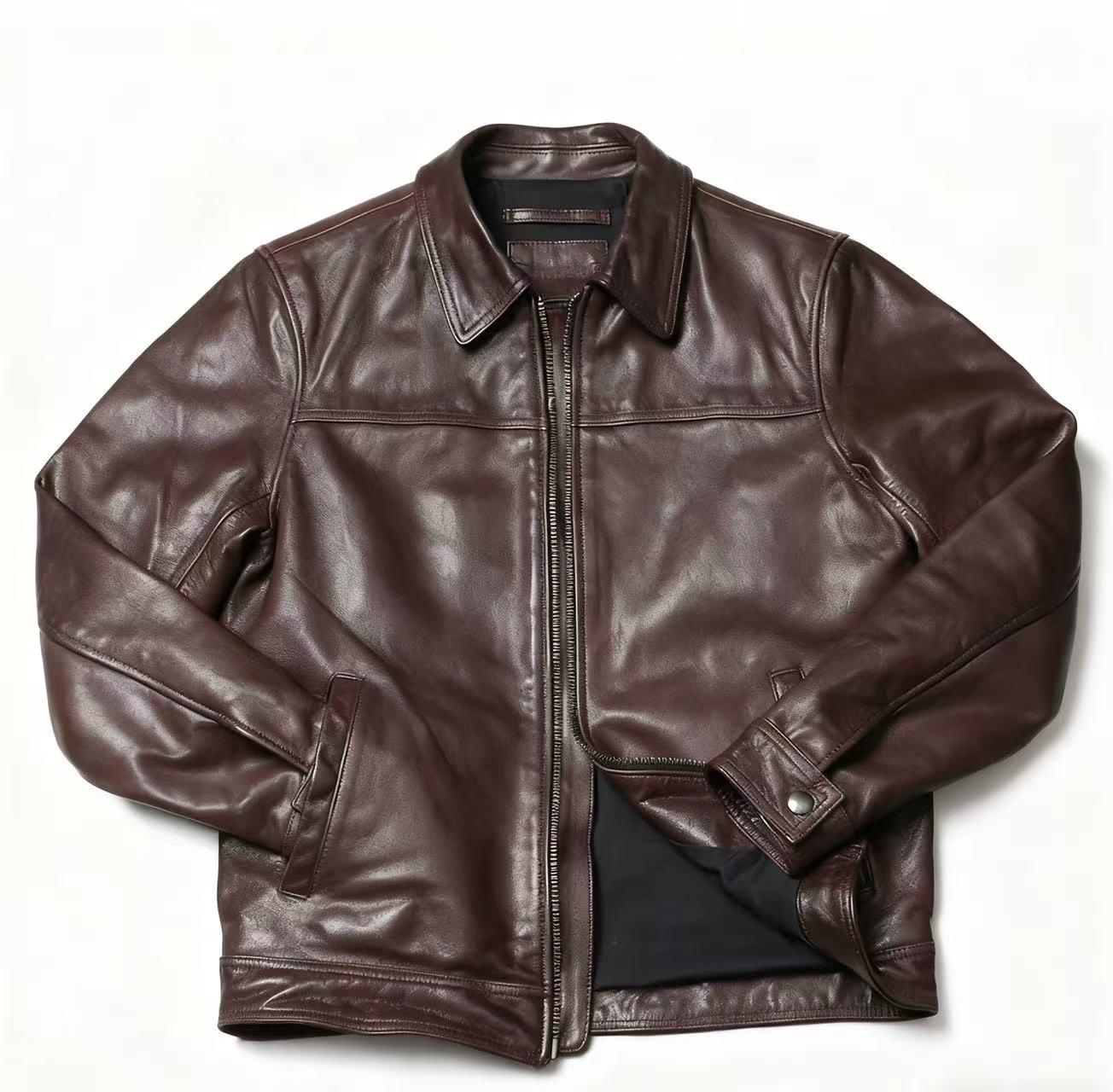 【复古POLO】真皮外套 蜡染无涂山羊皮外套男士翻领修身皮夹克