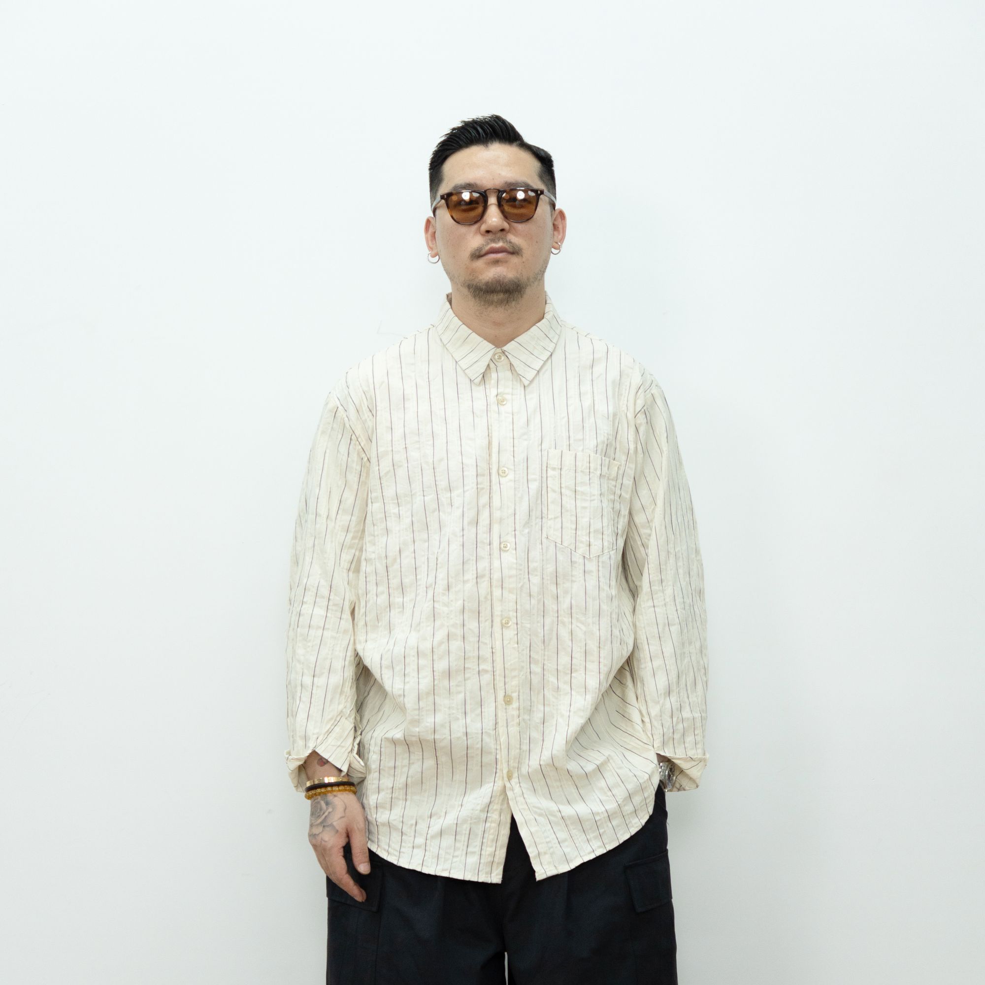 秋季新品休闲宽松衬衫港风复古暗纹褶皱长袖衬衣设计师条纹经典款