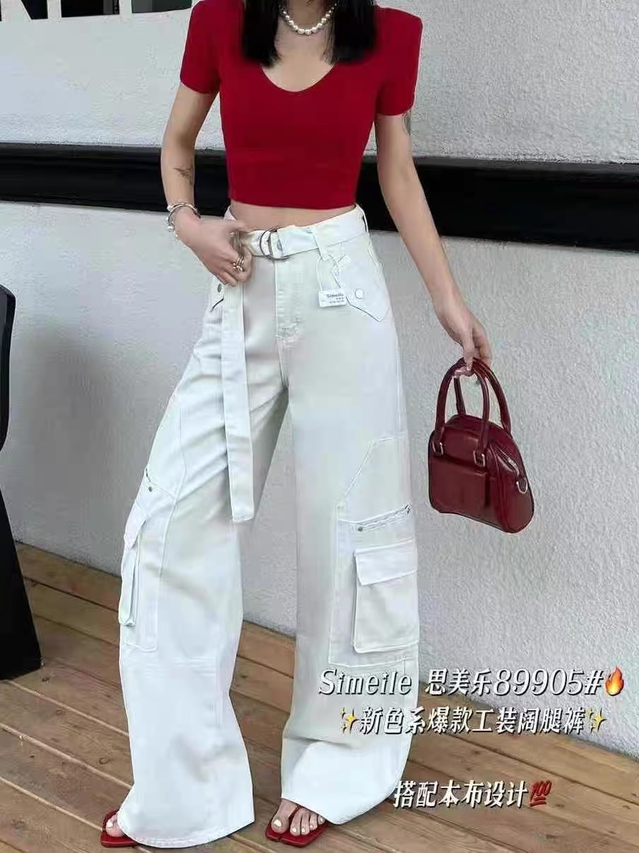 【有米Umhome】工装裤牛仔长裤女高腰显瘦多口袋设计宽松阔腿拖地裤