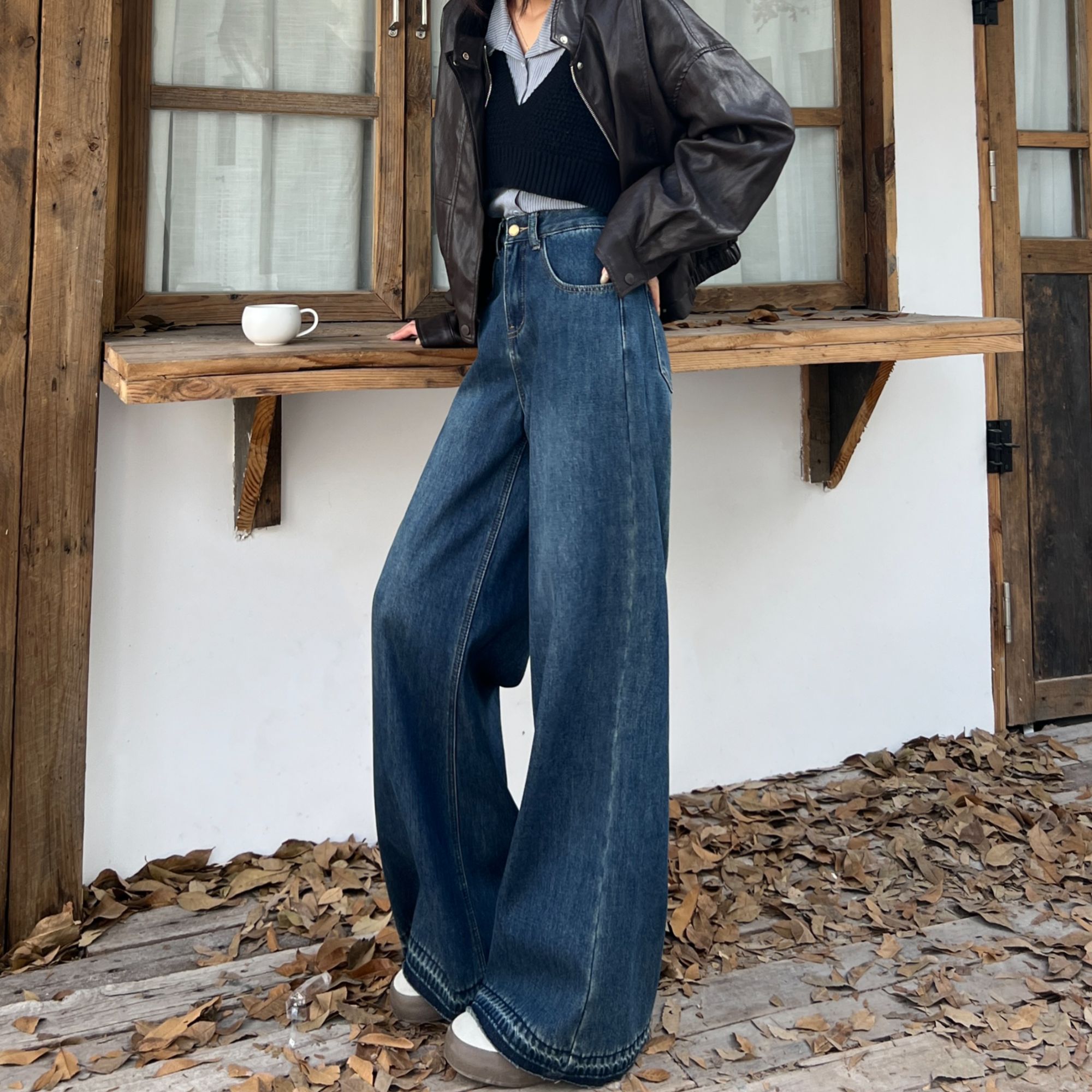 【加绒/不加绒】7283 Q不贴腿大阔腿微喇复古色牛仔裤女高腰拖地裤