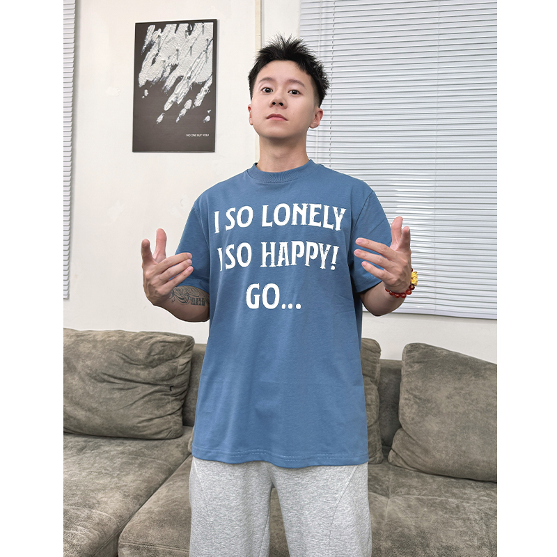 WK叁金小个子短款t恤【我孤单我开心】标语做旧感短袖夏季潮流T恤男