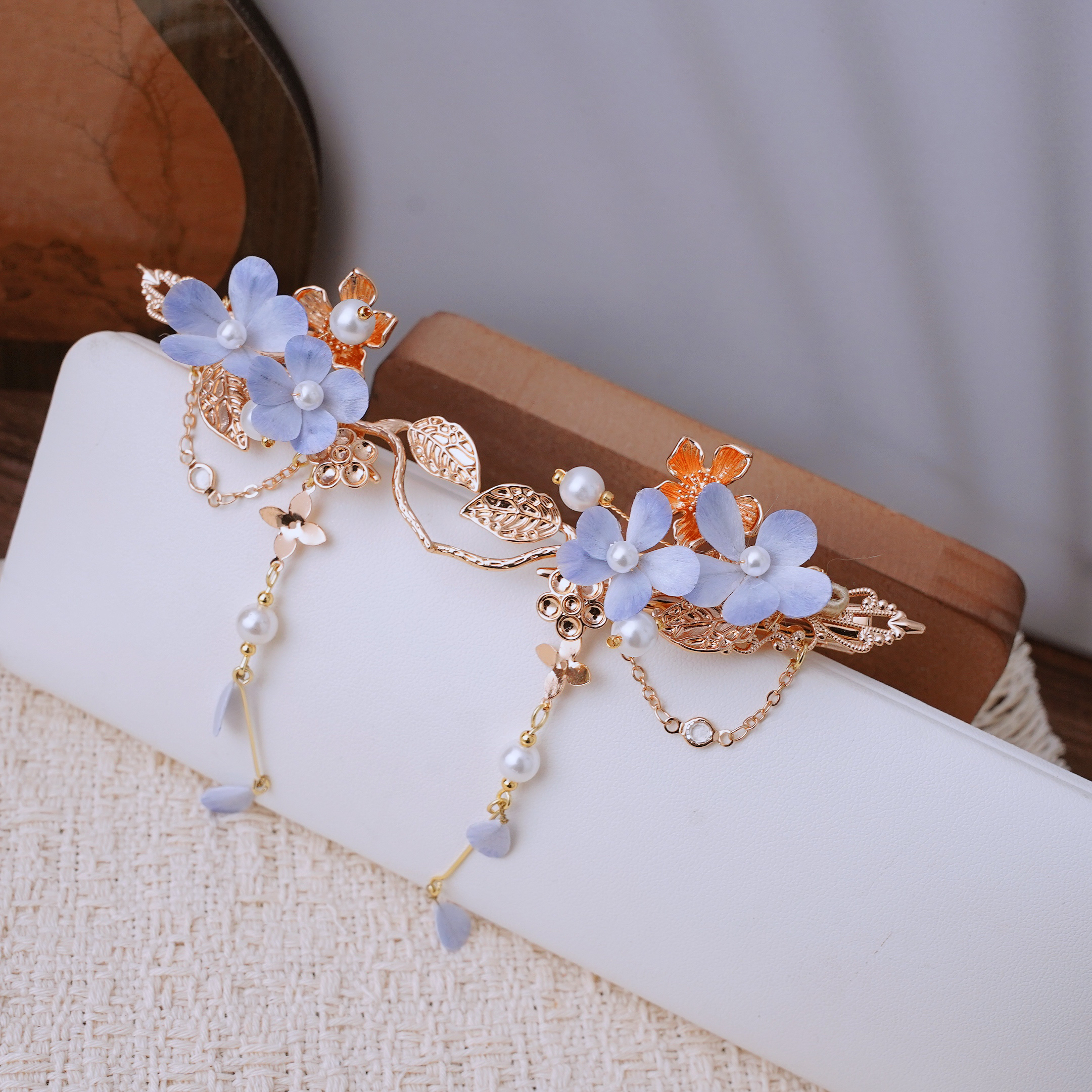 锦簪阁蓝色绒花发夹款蚕丝绒花绒花手工艺非遗工艺古风