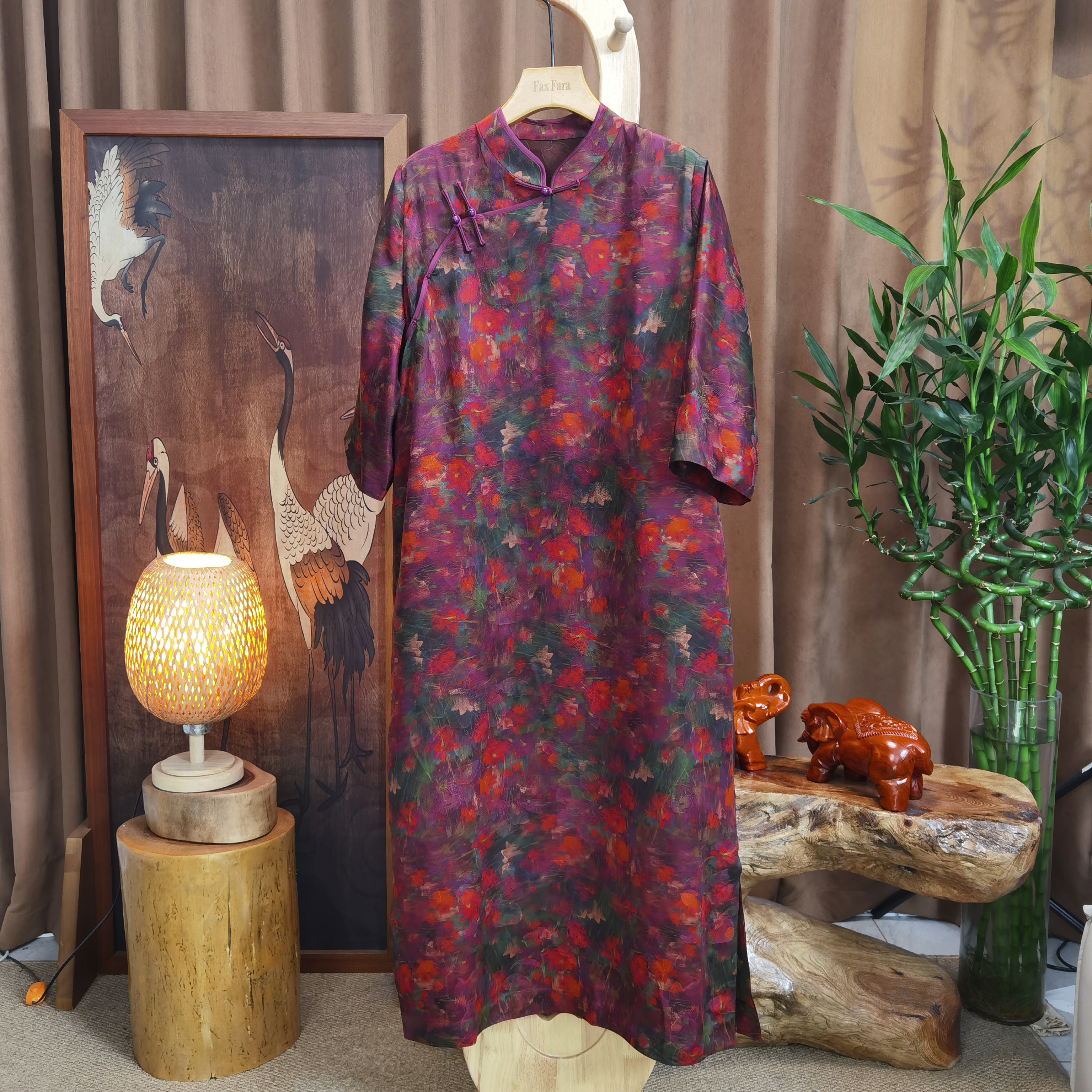 富美国风香云纱连衣裙F6097七彩牡丹