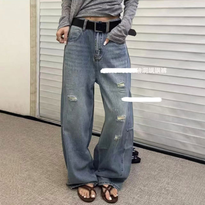 夏季新款破洞弯刀牛仔裤大码女装韩版高腰显瘦垂感裤子