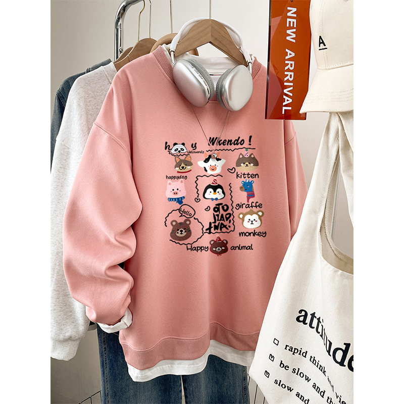 新款秋冬季假两件圆领加绒加厚长袖卫衣女胖mm宽松休闲大码上衣服