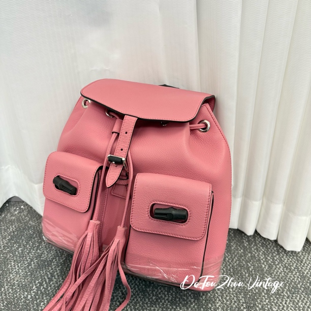 95新 GUCCI/古驰 粉色竹节流苏双肩包 Li