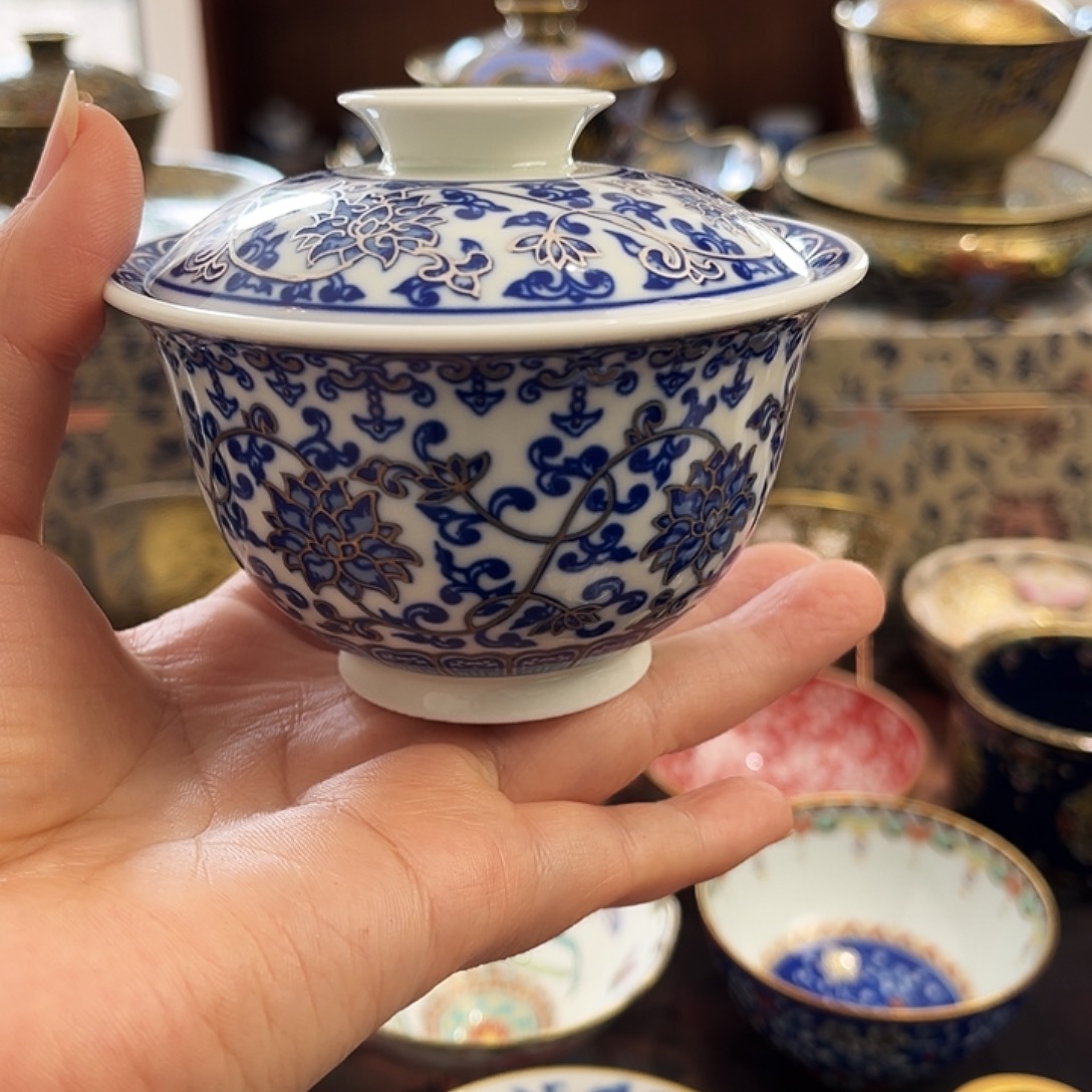 全手工全手绘青花缠枝莲描银盖碗