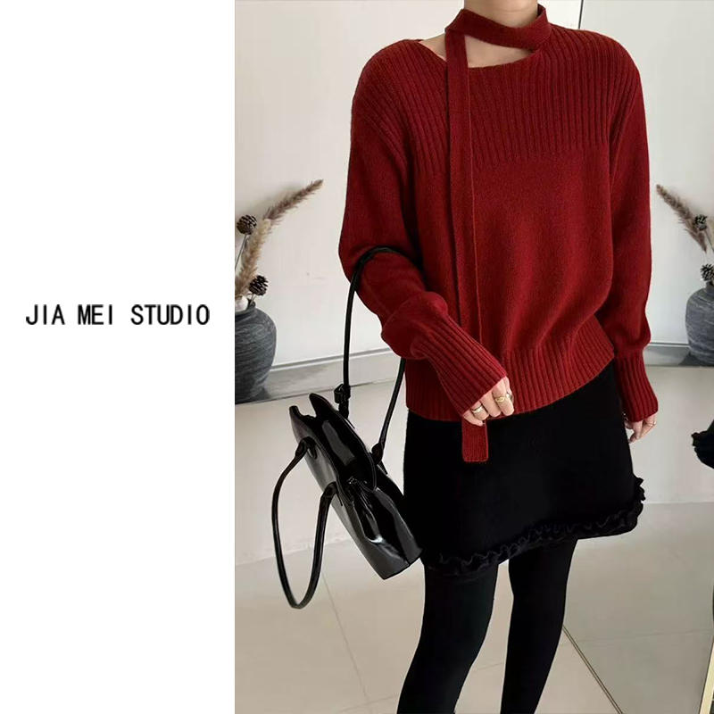 A286韩版挂脖飘带设计针织衫2025冬季新款女高级感气质百搭毛衣潮