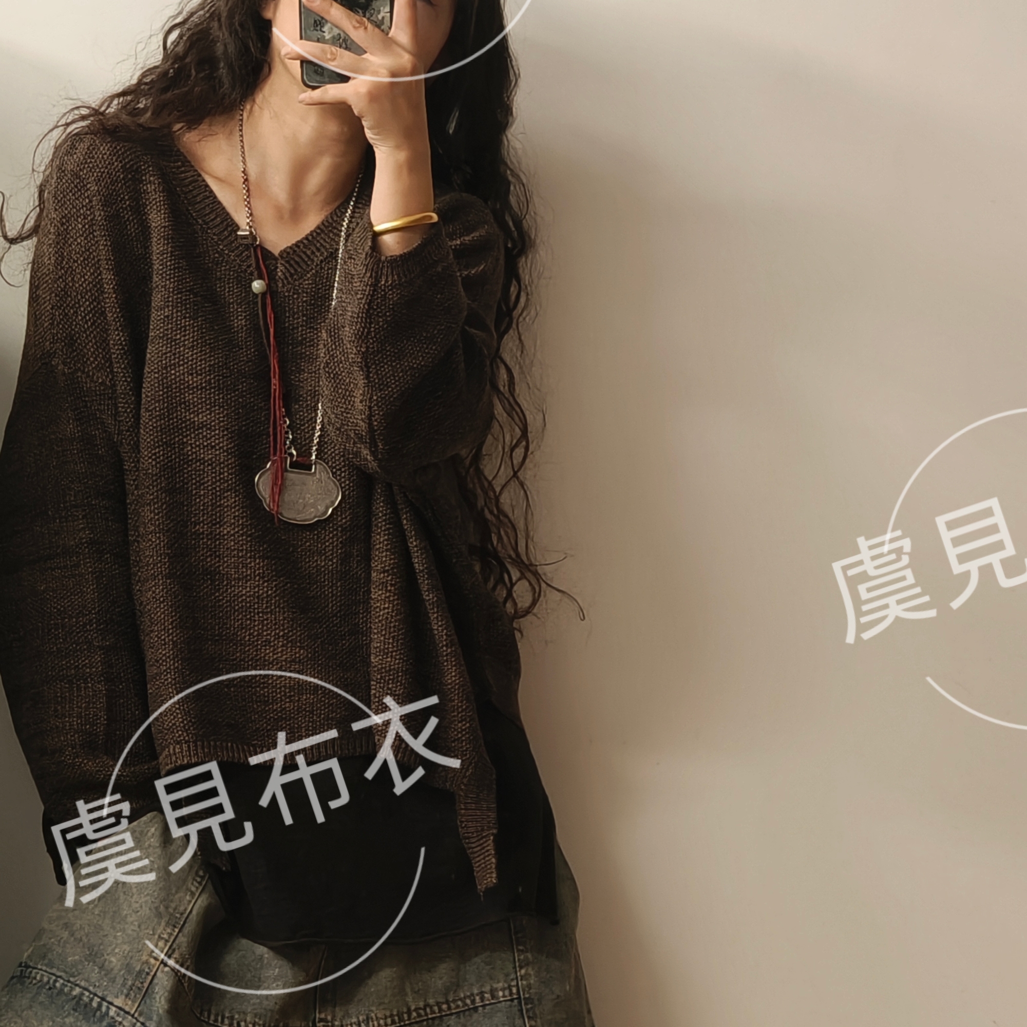 虞姑娘推荐 复古做旧V领下摆飘带宽松毛衣【衣长52胸围160】