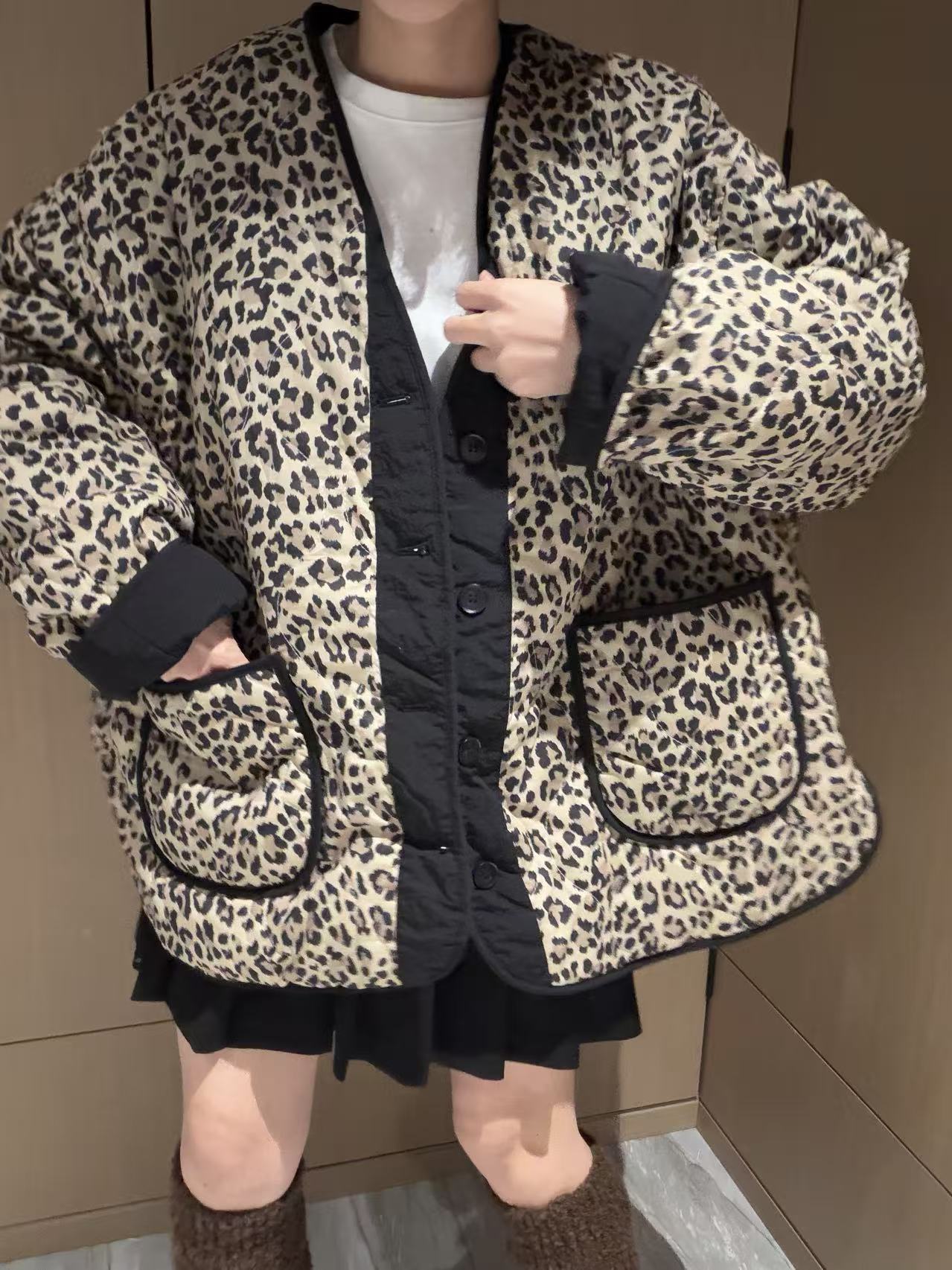 韩版秋冬新款豹纹外套女上衣