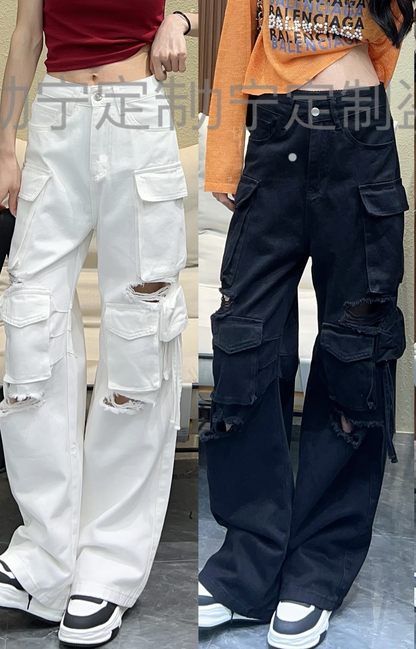 安幼宁破洞牛仔工装阔腿裤女2025夏季多口袋显瘦百搭直筒拖地裤薄