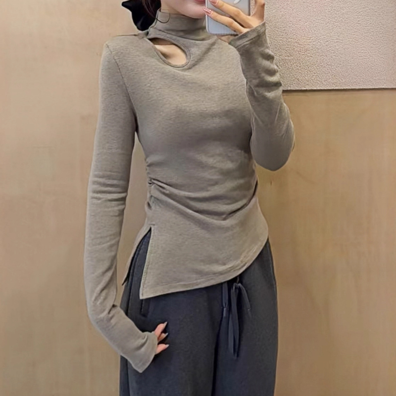 半高领长袖t恤女秋冬新款大码胖MM设计感镂空加绒内搭上衣打底衫