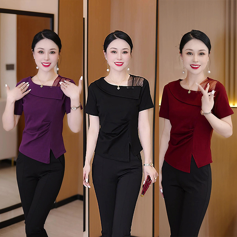 不规则开叉短袖T恤女网纱拼接正肩小衫夏季洋气显瘦百搭漏肩上衣