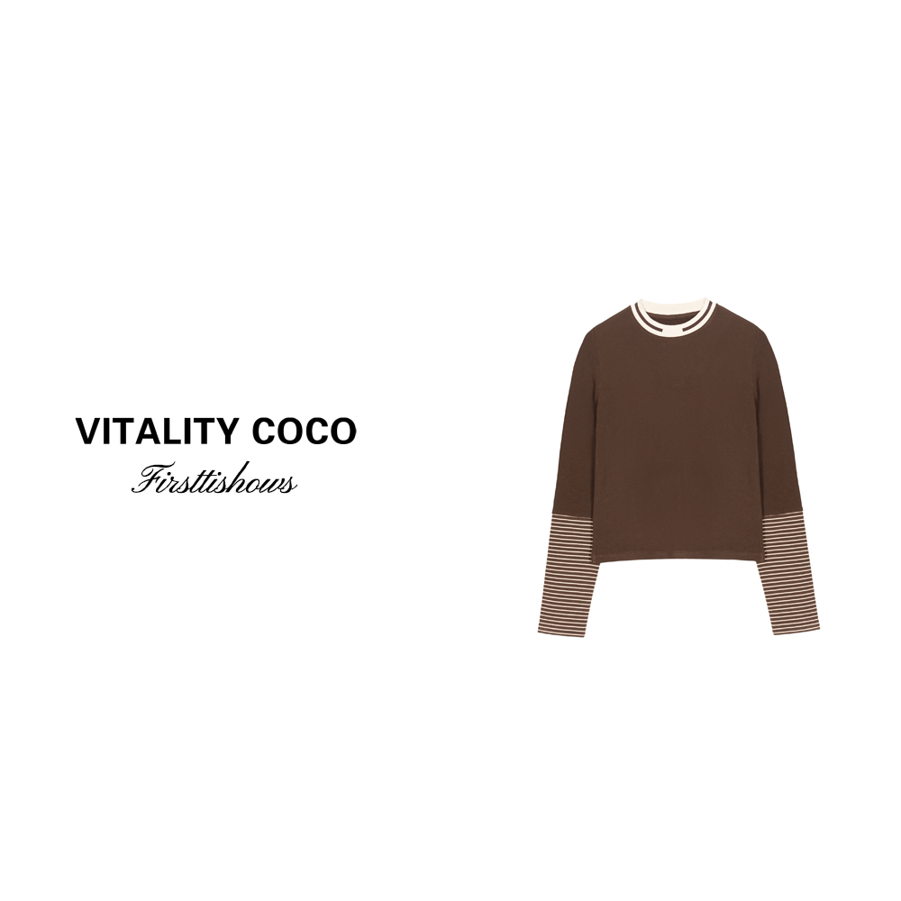 「VITALITY COCO」拼接条纹加绒长袖T恤复古蜜蜂刺绣打底衫-742