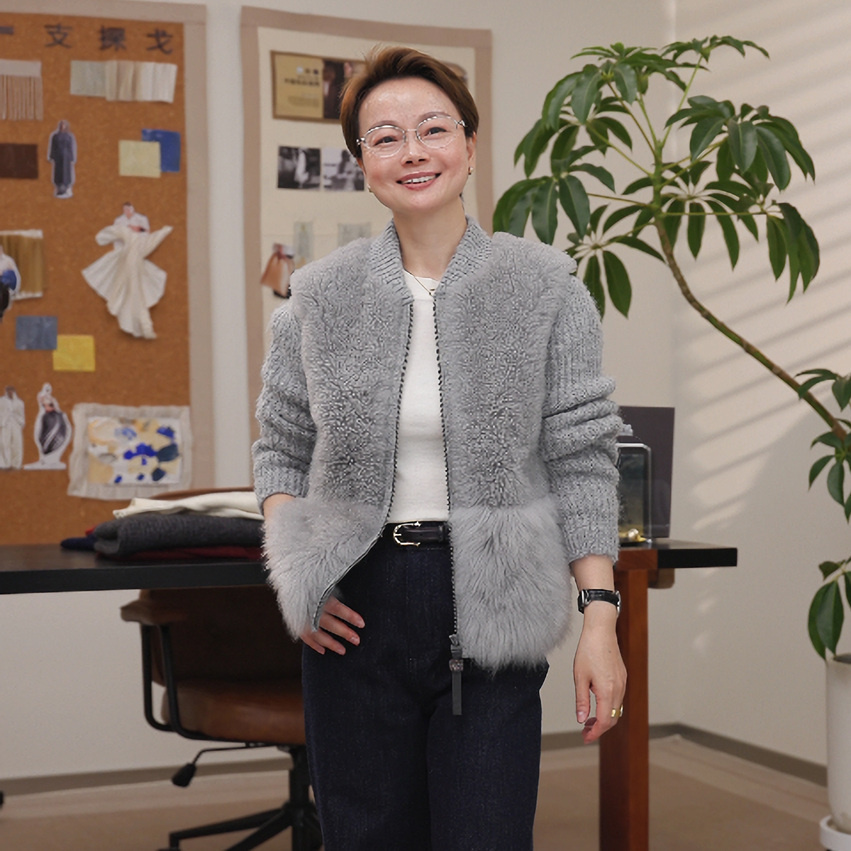 一支探戈丨小个子极简 羊毛羊驼毛拼接皮草针织衫毛衣外套2542009