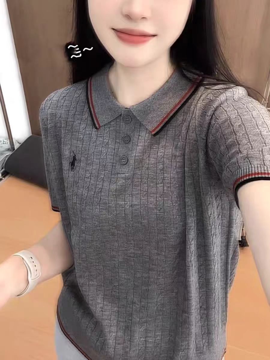 【墨灰】夏季小翻领套头刺绣针织衫女上衣