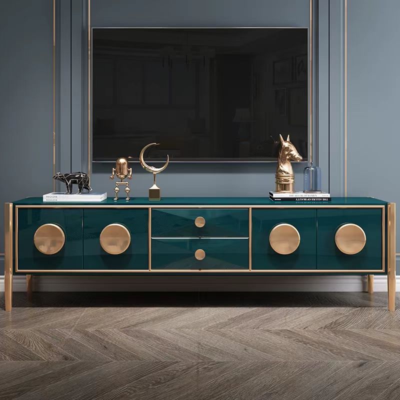 轻奢电视柜 全实木电视柜 钢琴烤漆工艺 孔雀蓝电视柜 客厅家用