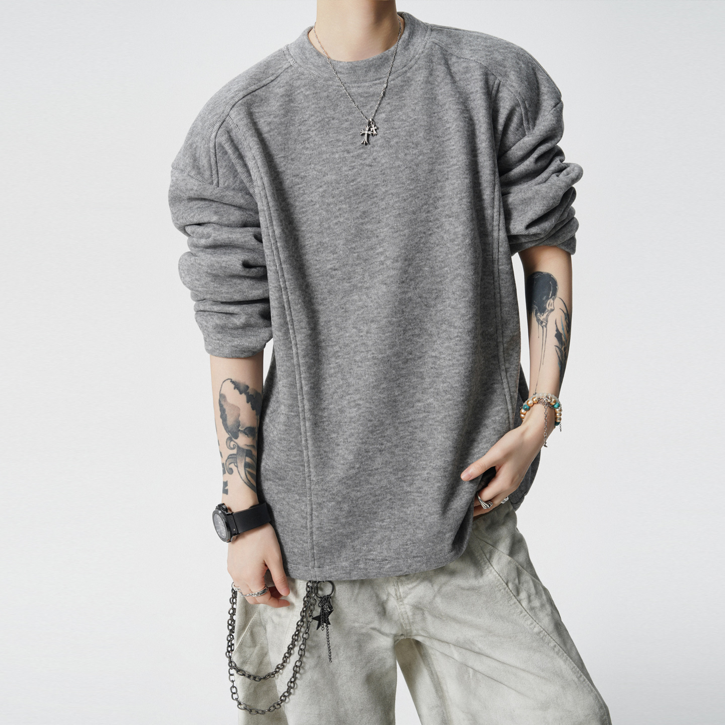 美式cleanfit秋季正肩拼接解构长袖t恤男重磅无帽内搭情侣卫衣