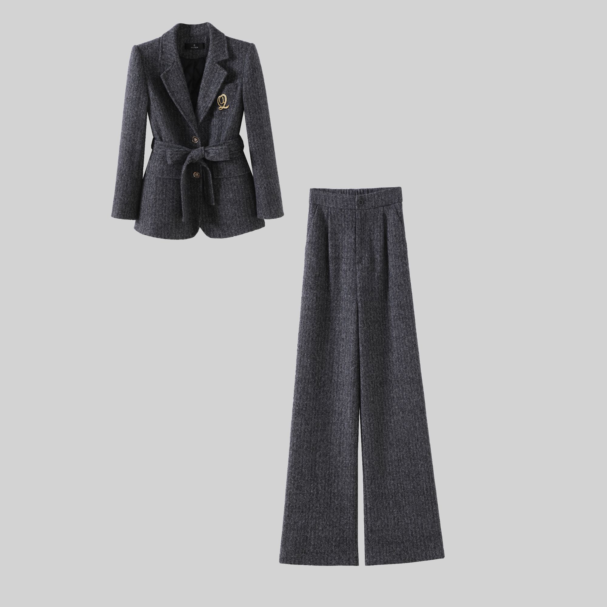 〈纪朵研〉1828秋冬小香风显瘦修身休闲外套阔腿裤两件套装