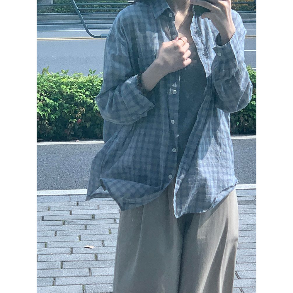 蓝色格纹防晒衬衫女季2025韩系宽松休闲衬衣慵懒风百搭上衣小众
