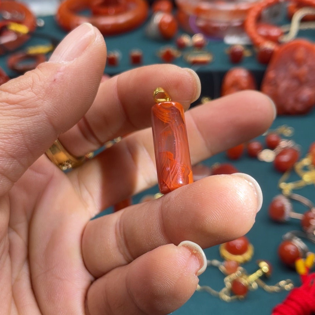 南红玛瑙川料火焰纹南红桶珠银S925镀金镶嵌