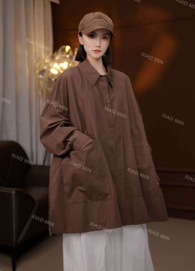 2025秋季新款简约时尚高级感侧边开叉大口袋长袖衬衫女250956