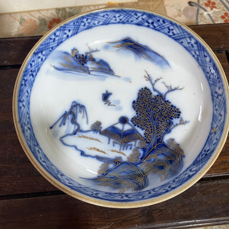老九谷青花描金山水壶承直径12cm茶具陶瓷工艺品