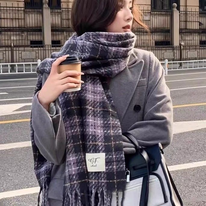 美拉德围巾网红款百搭女秋冬保暖韩系学生情侣格子加厚围脖冬季