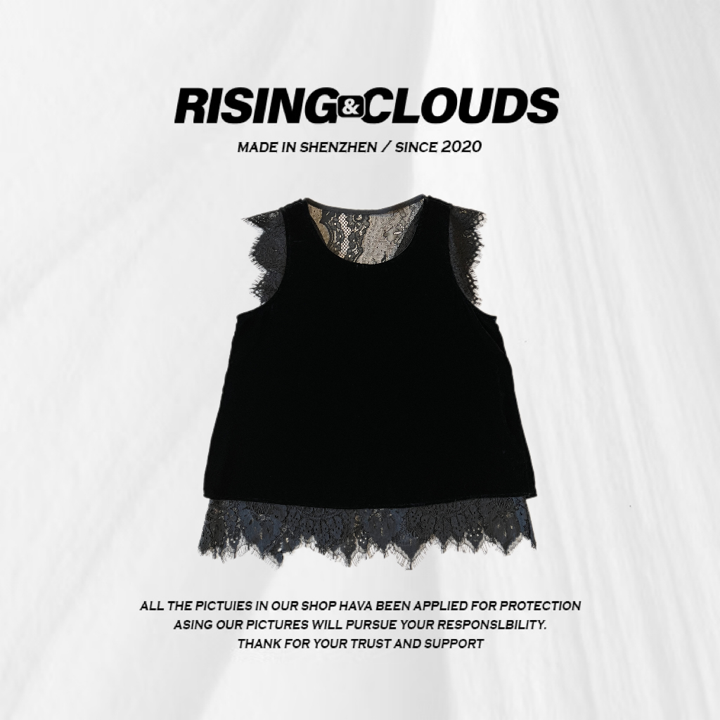 RISING&CLOUDS莎莎【墨迹未央】夏季显瘦透气蕾丝丝绒小衫050759